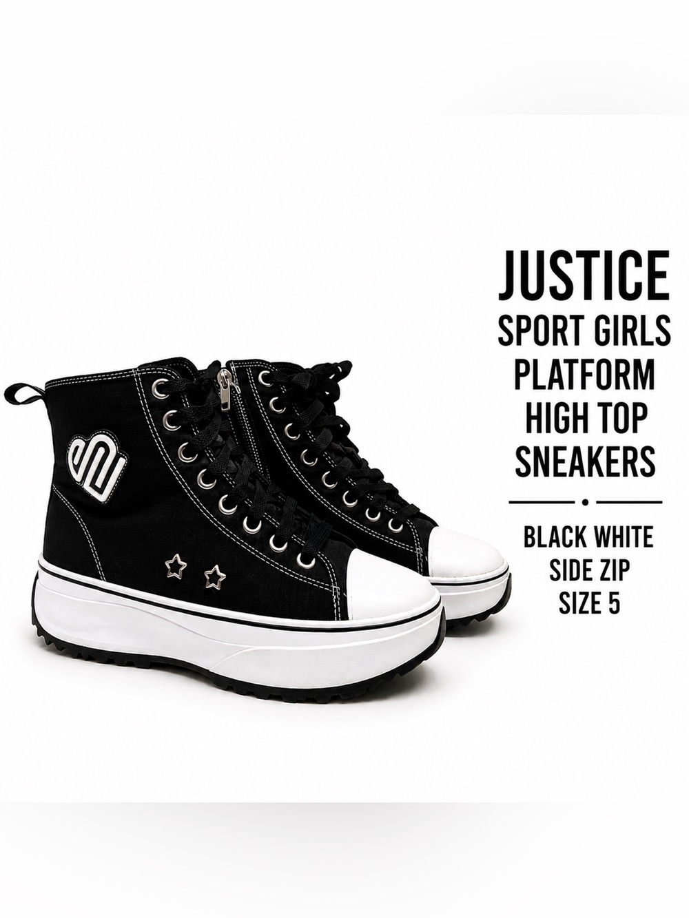 Justice Sport Girls Platform High Top Sneakers Black White Side Zip Size 5
